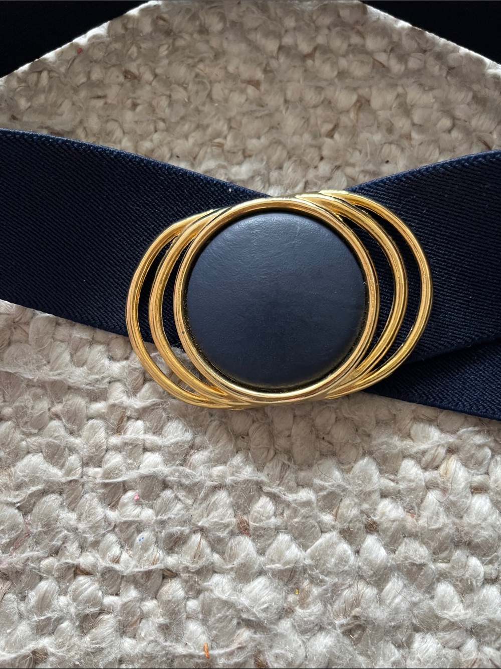 Vintage Black Elastic Waist Belt w/ Gold Ring Buckle 26” Long